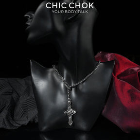 CHICCHOK Thorn Canticle | Gothic Thorns Cross Y-Necklace | Medieval Punk Woven Chain Jewelry