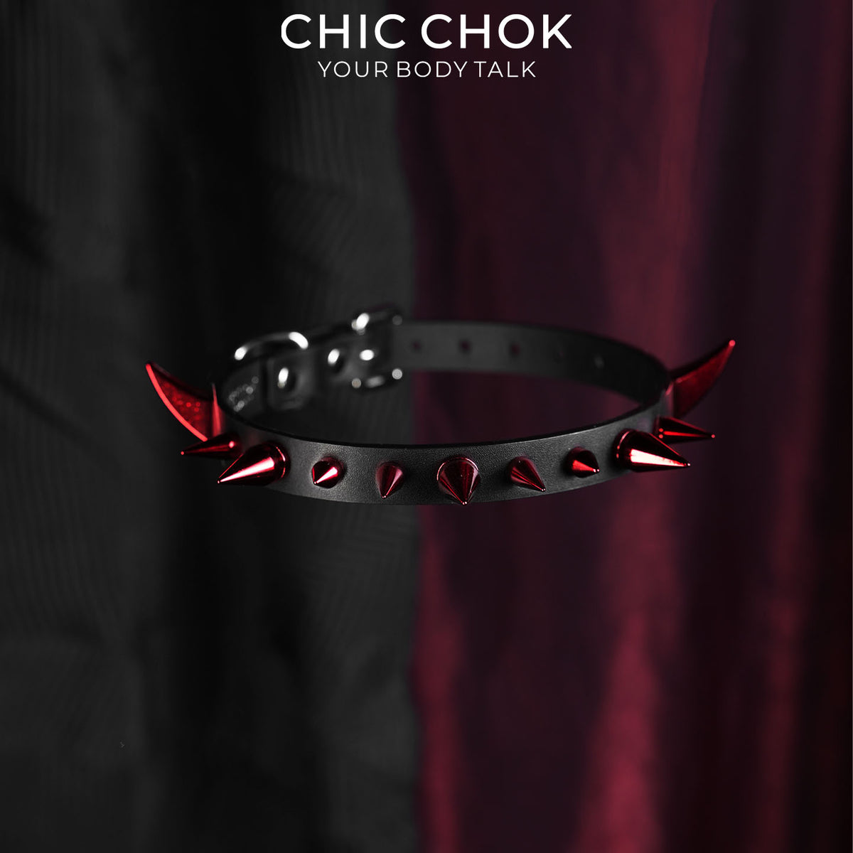 CHICCHOK Crimson Succubus Demon Horn Choker | Gothic Red Spike Leather Collar | Punk Rock Harajuku Jirakei Subversive Alternative Jewelry