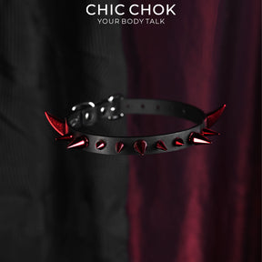 CHICCHOK Crimson Succubus Demon Horn Choker | Gothic Red Spike Leather Collar | Punk Rock Harajuku Jirakei Subversive Alternative Jewelry