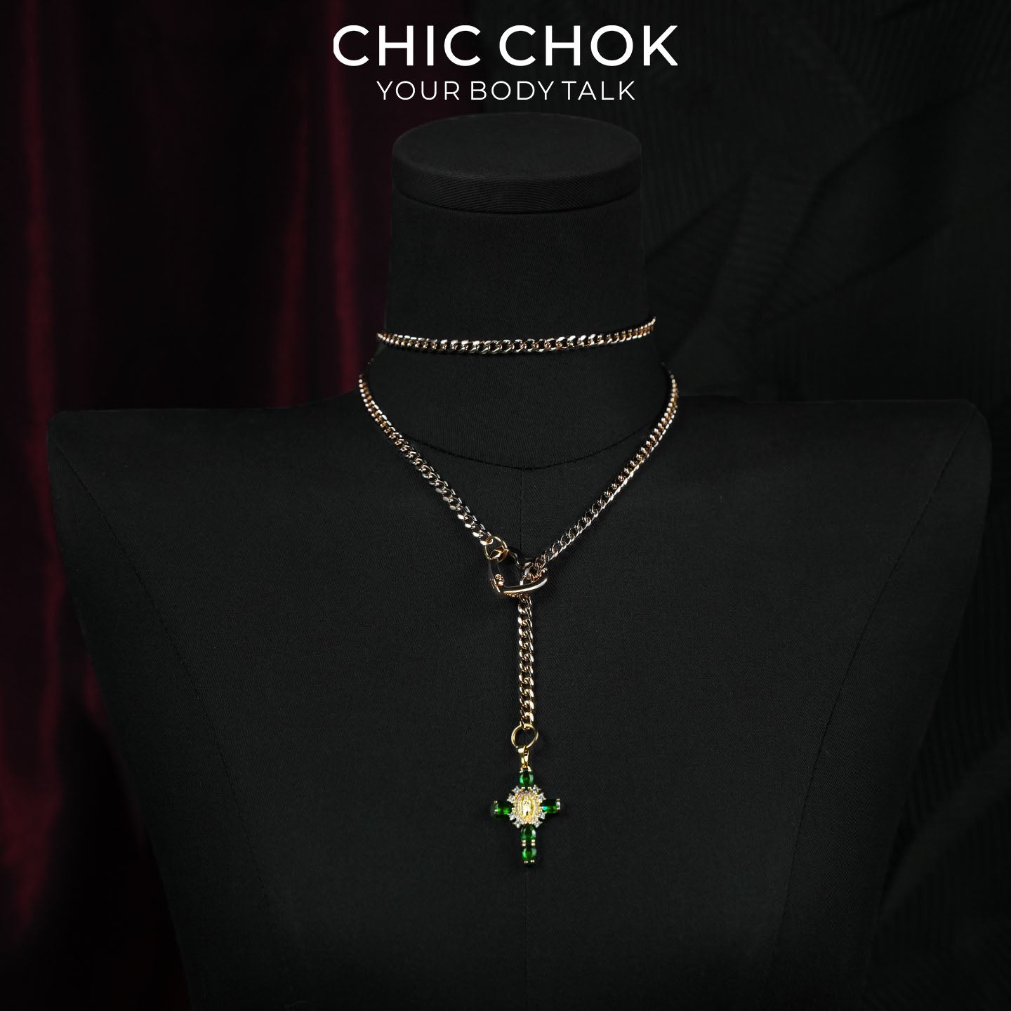 CHICCHOK Sacred Heart Emerald Shadow Y-Lariat Necklace | Gold Plated Baroque Cross Choker | Luxury Zircon Gothic Body Jewelry