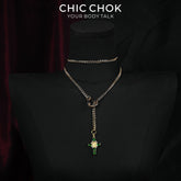 CHICCHOK Sacred Heart Emerald Shadow Y-Lariat Necklace | Gold Plated Baroque Cross Choker | Luxury Zircon Gothic Body Jewelry