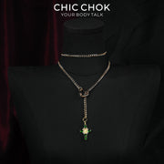CHICCHOK Sacred Heart Emerald Shadow Y-Lariat Necklace | Gold Plated Baroque Cross Choker | Luxury Zircon Gothic Body Jewelry