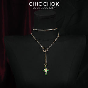 CHICCHOK Sacred Heart Emerald Shadow Y-Lariat Necklace | Gold Plated Baroque Cross Choker | Luxury Zircon Gothic Body Jewelry