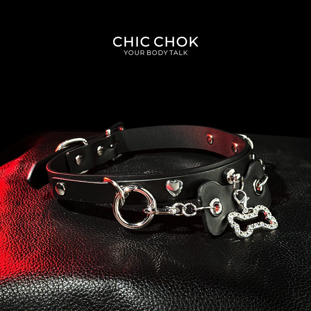 CHICCHOK [Puppy Love] Fashion Cute and Lovely Style, Shiny Bone Shape Pendant Daily Wear Leather Necklace Choker slipchaincollarwomen