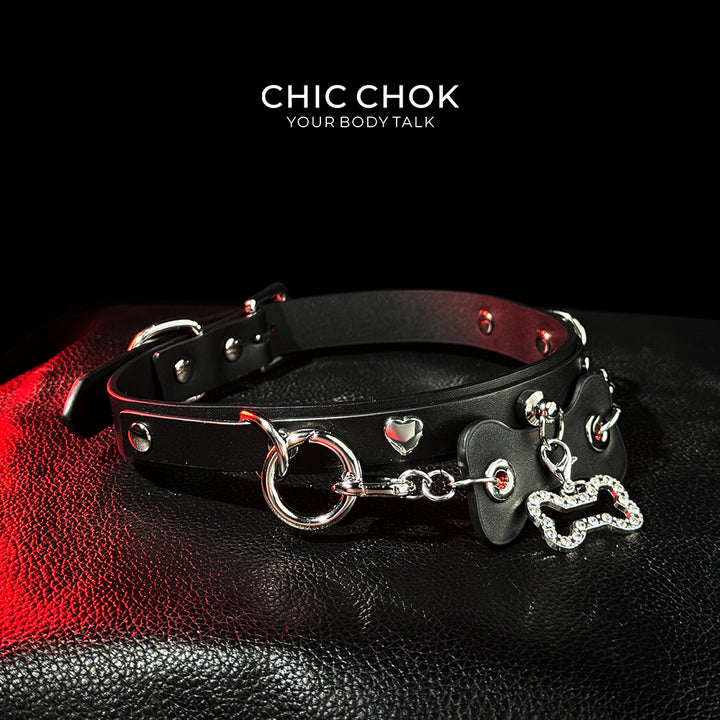 CHICCHOK [Puppy Love] Fashion Cute and Lovely Style, Shiny Bone Shape Pendant Daily Wear Leather Necklace Choker slipchaincollarwomen