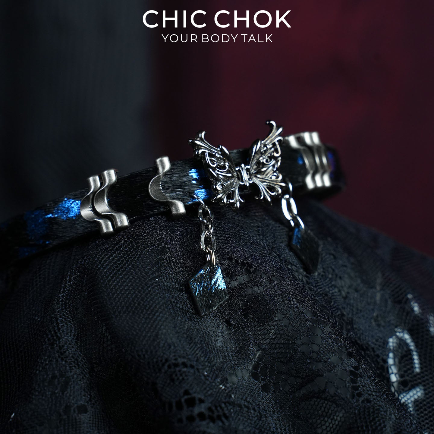CHICCHOK Phantom Butterfly Bioluminescent Ocean Choker | Luxury Blue-Black Pony Hair Leather Collar | Gothic Zinc Alloy Morpho Butterfly Wave Charm Jewelry for Sensitive Skin CHICCHOK