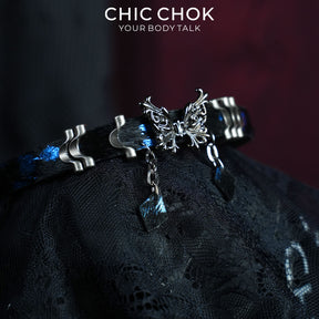 CHICCHOK Phantom Butterfly Bioluminescent Ocean Choker | Luxury Blue-Black Pony Hair Leather Collar | Gothic Zinc Alloy Morpho Butterfly Wave Charm Jewelry for Sensitive Skin CHICCHOK