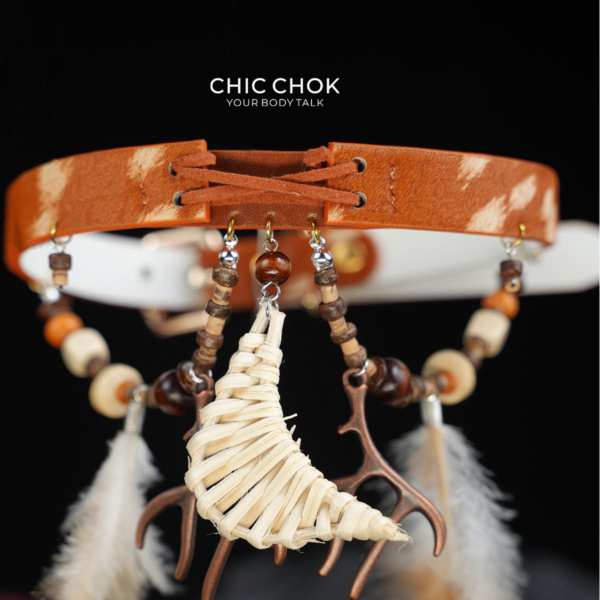 CHICCHOK "Nomadic Moon Anthem" Tribal Horsehair Leather Choker | Woven Crescent & Feather Pendants | Bohemian Festival Neckwear