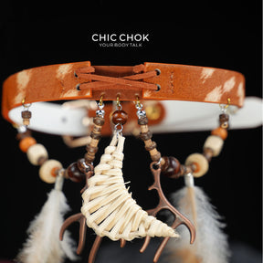 CHICCHOK "Nomadic Moon Anthem" Tribal Horsehair Leather Choker | Woven Crescent & Feather Pendants | Bohemian Festival Neckwear