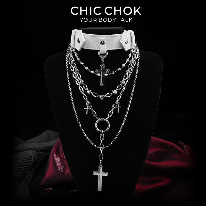 CHICCHOK Original "Martyr's Shadow" Choker - Layered Cross Monastery Style Necklace - Premium White Leather & Stainless Steel Nun Aesthetic Jewelry