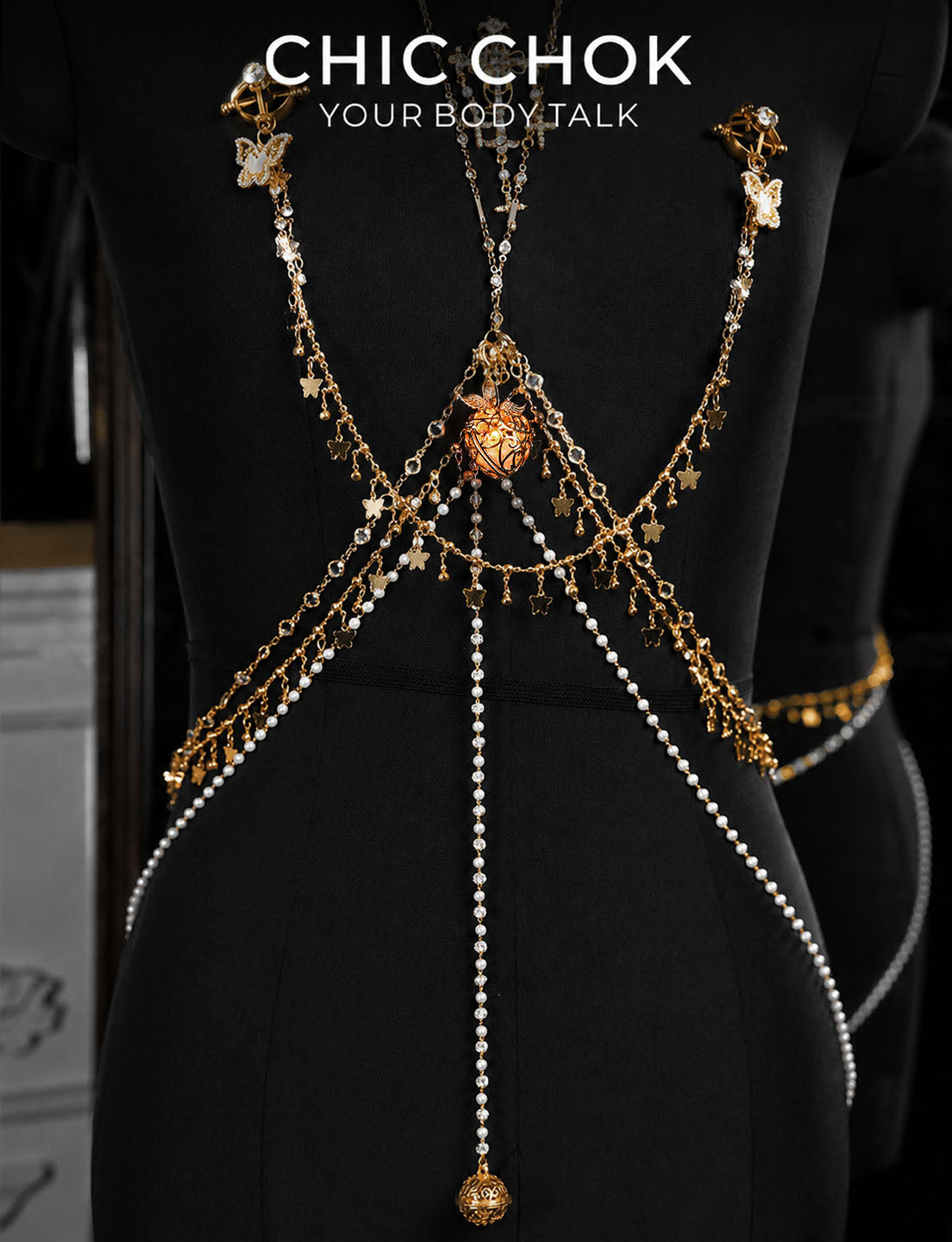CHICCHOK Oracle's Kiss Gothic Cross Body Chain | Gold Plated Chest Harness | Luxury Zircon Subversive Caviar Jewelry