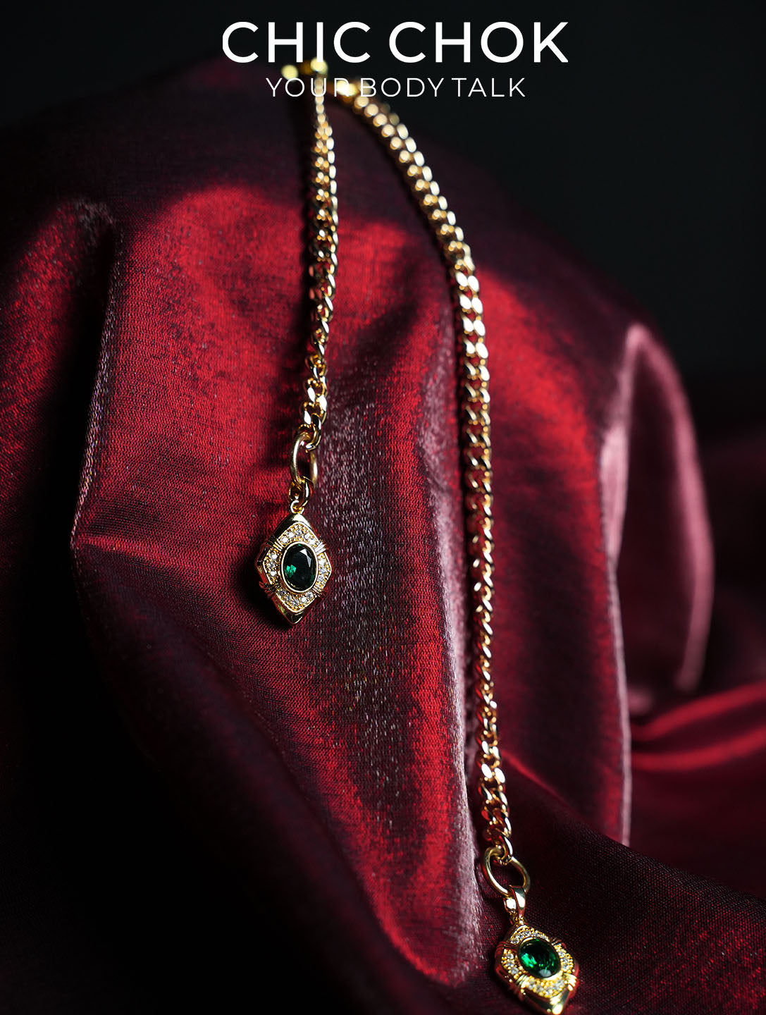 CHICCHOK Gilded Emerald Vigil Y-Lariat Necklace | Handcrafted Titanium Steel Multi-Layer Cuban Chain | Luxury Baroque Green Zircon Pendant Gothic Jewelry