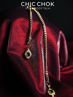CHICCHOK Gilded Emerald Vigil Y-Lariat Necklace | Handcrafted Titanium Steel Multi-Layer Cuban Chain | Luxury Baroque Green Zircon Pendant Gothic Jewelry