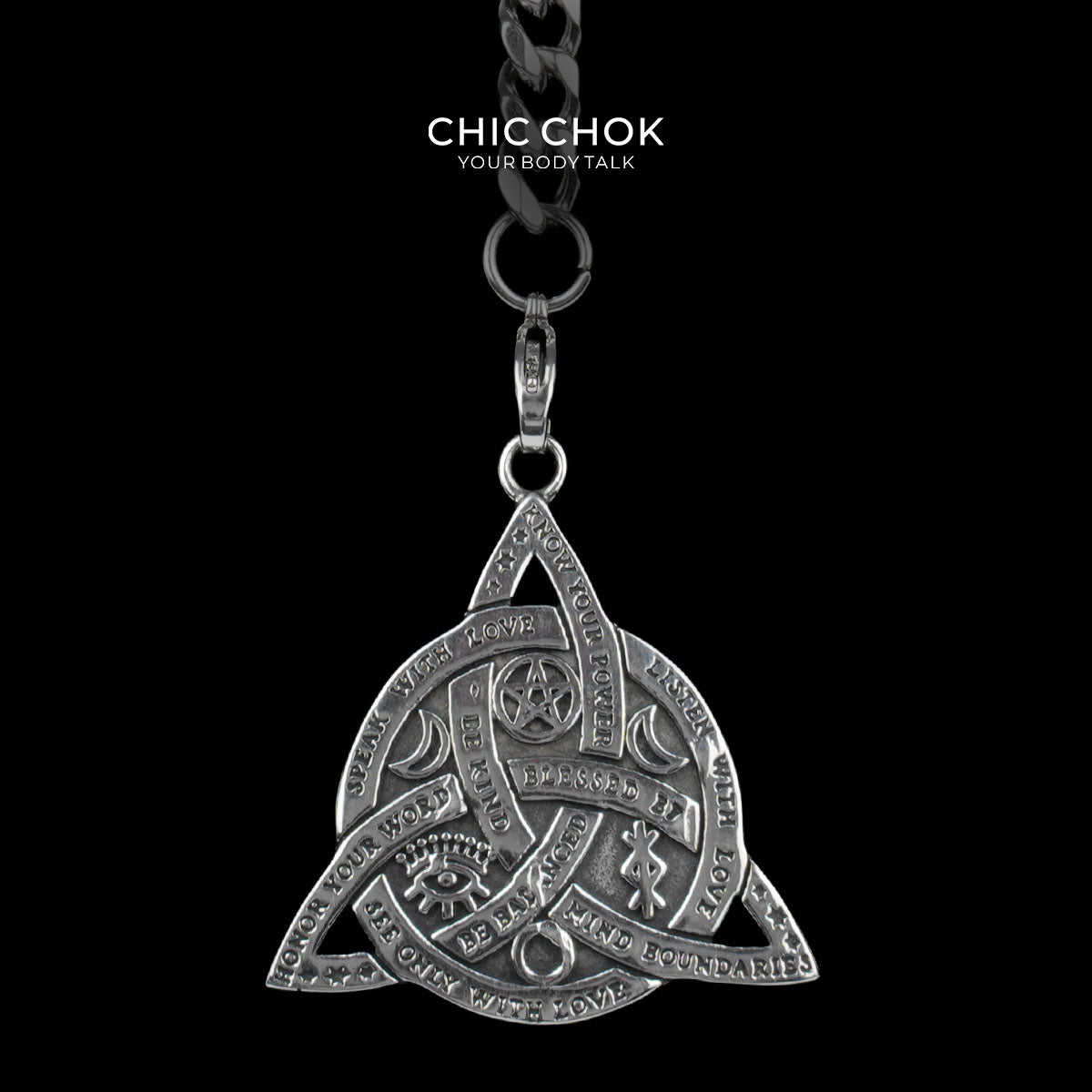 CHICCHOK "Lunar Shackle" Celtic Triquetra Pendant Stainless Steel Y-Necklace | Wiccan Rune & Pentagram Drop Chain | Dark Occult Gothic Streetwear Jewelry