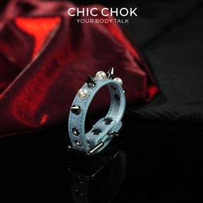 CHICCHOK Hidden Edge Denim Spiked Pearl Bracelet | Gothic Light Blue Washed Canvas Cuff | Y2K Cyberpunk Punk Rock Metal Studded Wristband for Sensitive Skin