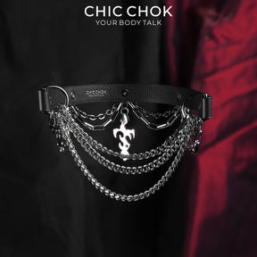 CHICCHOK Gothic Stigmata Choker | Top-Grain Genuine Leather Hollow Flame Pendant Necklace | Cyber Wasteland Industrial Collar