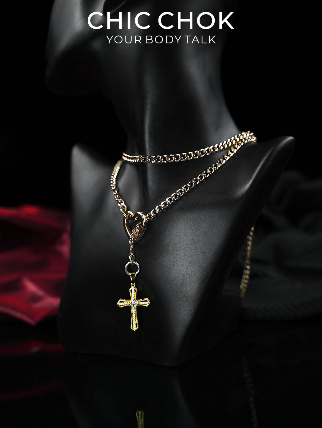 CHICCHOK Sacred Heart Emerald Shadow Y-Lariat Necklace | Gold Plated Baroque Cross Choker | Luxury Zircon Gothic Body Jewelry