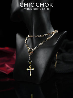 CHICCHOK Sacred Heart Emerald Shadow Y-Lariat Necklace | Gold Plated Baroque Cross Choker | Luxury Zircon Gothic Body Jewelry