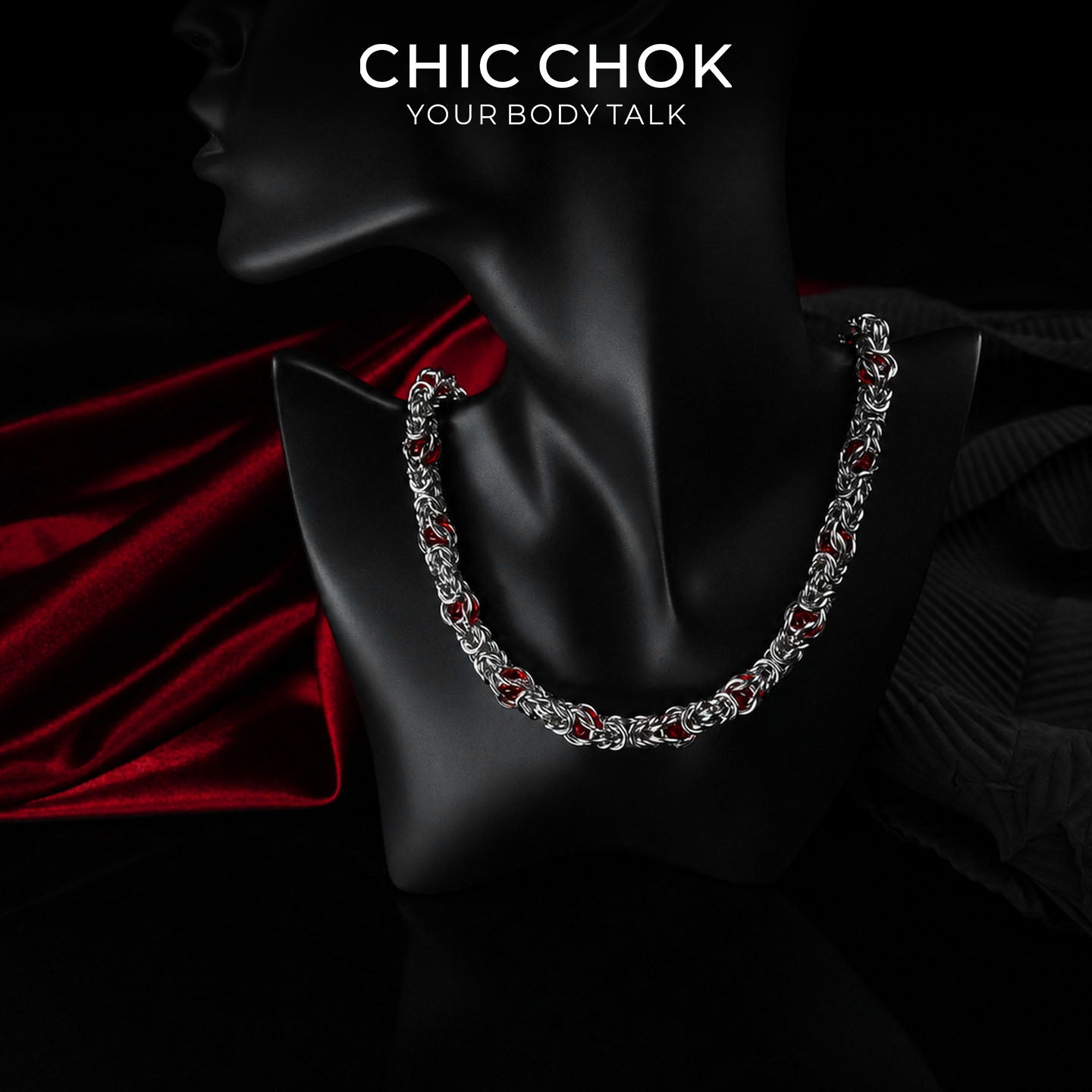 CHICCHOK Crimson Crystal Chain Necklace | Handcrafted Byzantine Stainless Steel Chain | Heavy Industrial Punk Cyber Goth Jewelry