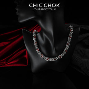 CHICCHOK Crimson Crystal Chain Necklace | Handcrafted Byzantine Stainless Steel Chain | Heavy Industrial Punk Cyber Goth Jewelry