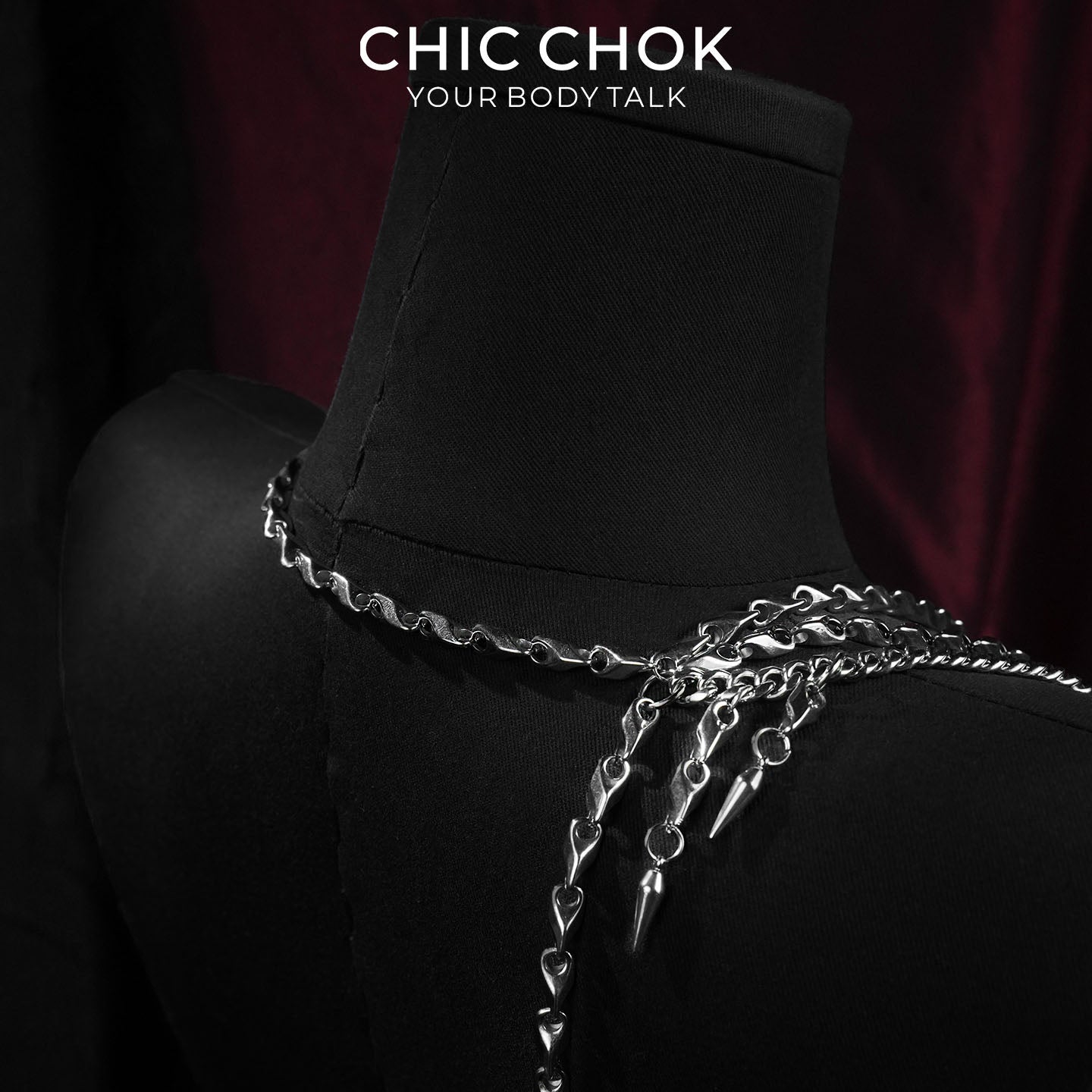 CHICCHOK Cinder Pact | Gothic Flaming Spiked Choker | Asymmetrical Body Chain Drape