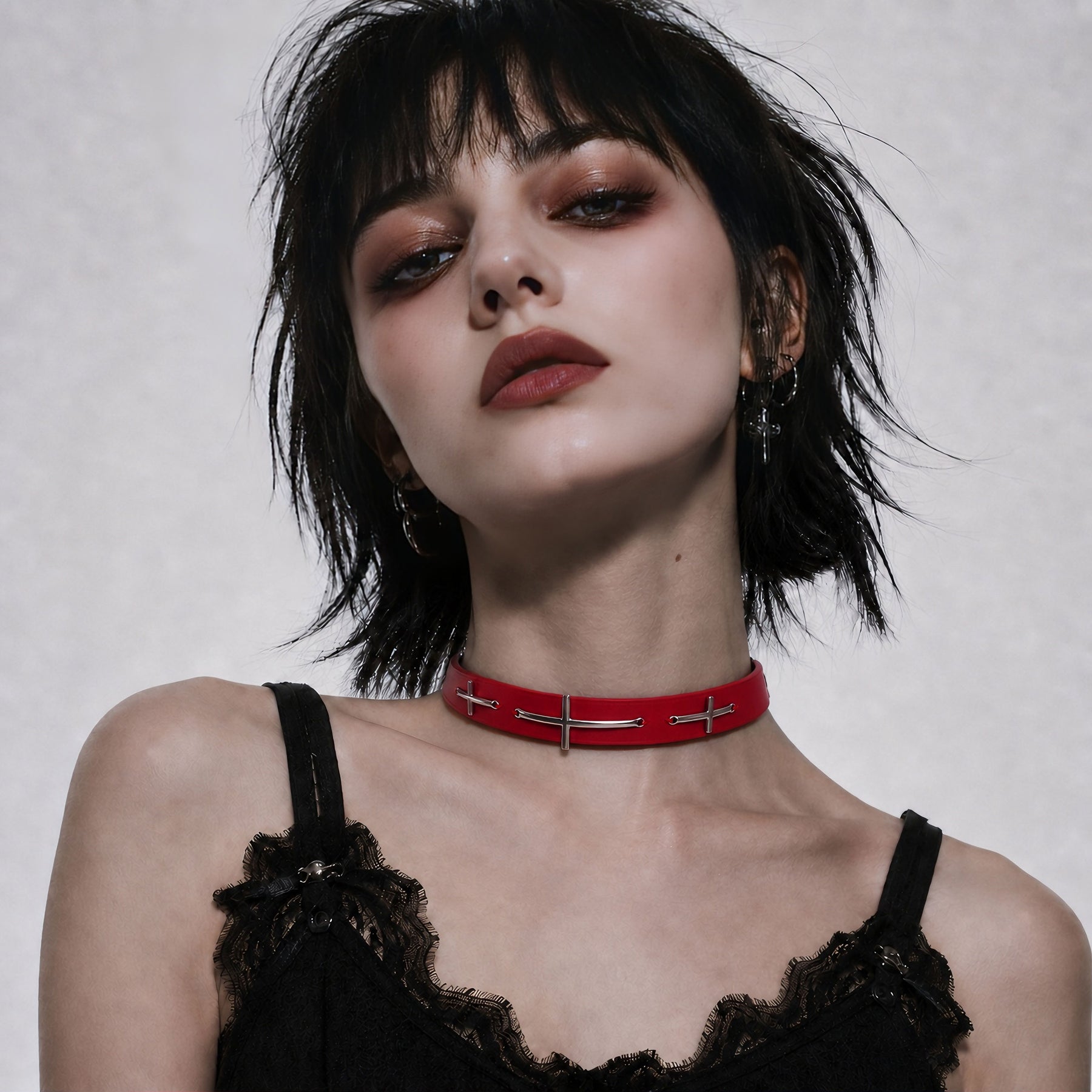 CHICCHOK Sacred Path Red Covenant Genuine Leather Choker | Gothic Silver Cross Pendant Collar | Luxury Red & Silver Subversive Punk Bondage Jewelry