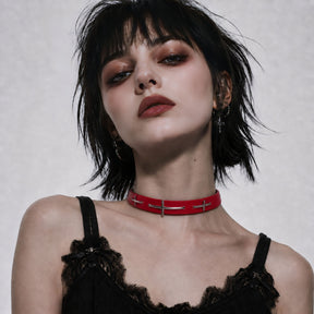 CHICCHOK Sacred Path Red Covenant Genuine Leather Choker | Gothic Silver Cross Pendant Collar | Luxury Red & Silver Subversive Punk Bondage Jewelry
