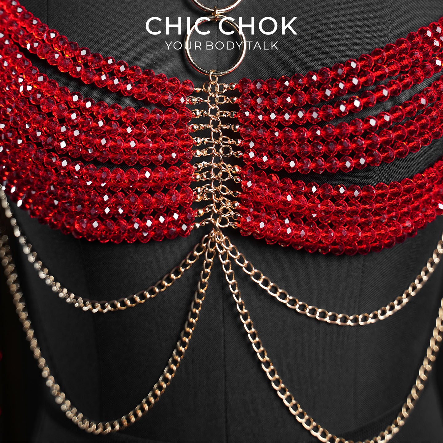 CHICCHOK Gypsy Kiss | Rantai Tubuh Bralette Kristal Merah | Harness Boho Emas Berlapis