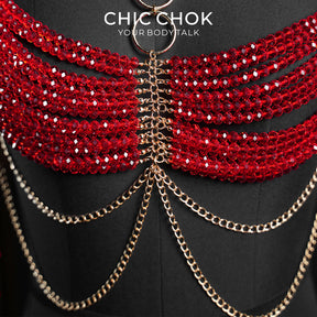CHICCHOK Gypsy Kiss | Red Crystal Bralette Body Chain | Layered Gold Boho Harness