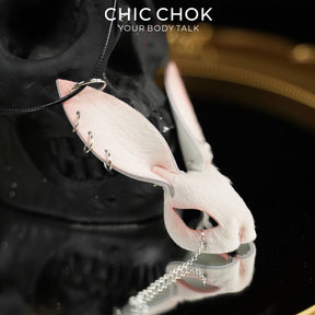 CHICCHOK Twin Shadow Rabbits | Matte Black Genuine Leather Dark Pendant | Gothic Cross-Sword Rune Accessory