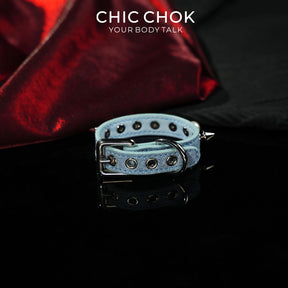 CHICCHOK Hidden Edge Denim Spiked Pearl Bracelet | Gothic Light Blue Washed Canvas Cuff | Y2K Cyberpunk Punk Rock Metal Studded Wristband for Sensitive Skin