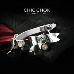 CHIC CHOK Silver Shell Butterfly Chrome Bow & Pearl-Soft Leather Collar Necklace