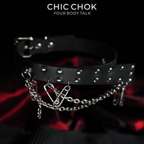 CHICCHOK Fractured Chain Pin | Genuine Leather Safety Pin Choker | Punk Grunge Collar