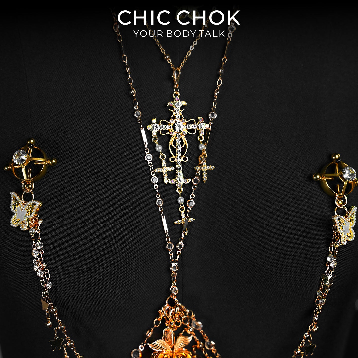 CHICCHOK Oracle's Kiss Gothic Cross Body Chain | Gold Plated Chest Harness | Luxury Zircon Subversive Caviar Jewelry