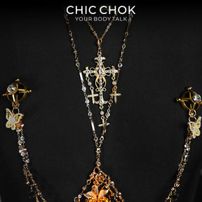 CHICCHOK Oracle's Kiss Gothic Cross Body Chain | Gold Plated Chest Harness | Luxury Zircon Subversive Caviar Jewelry