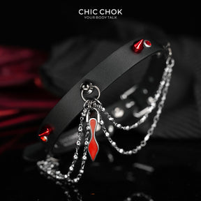 CHICCHOK "Blazing Collar" Red Tie Pendant Leather Choker | Gothic Spikes & Eyeglass Chain Drop Collar | Subversive Alt Dark Streetwear Neckwear