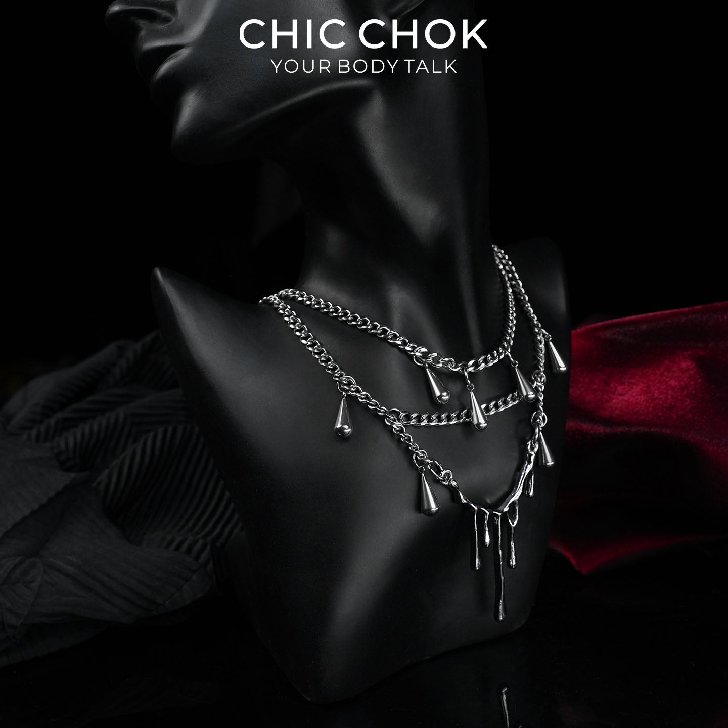 CHICCHOK Lava Tears | Liquid Metal Droplet Layered Necklace | Gothic Cyberpunk Industrial Jewelry