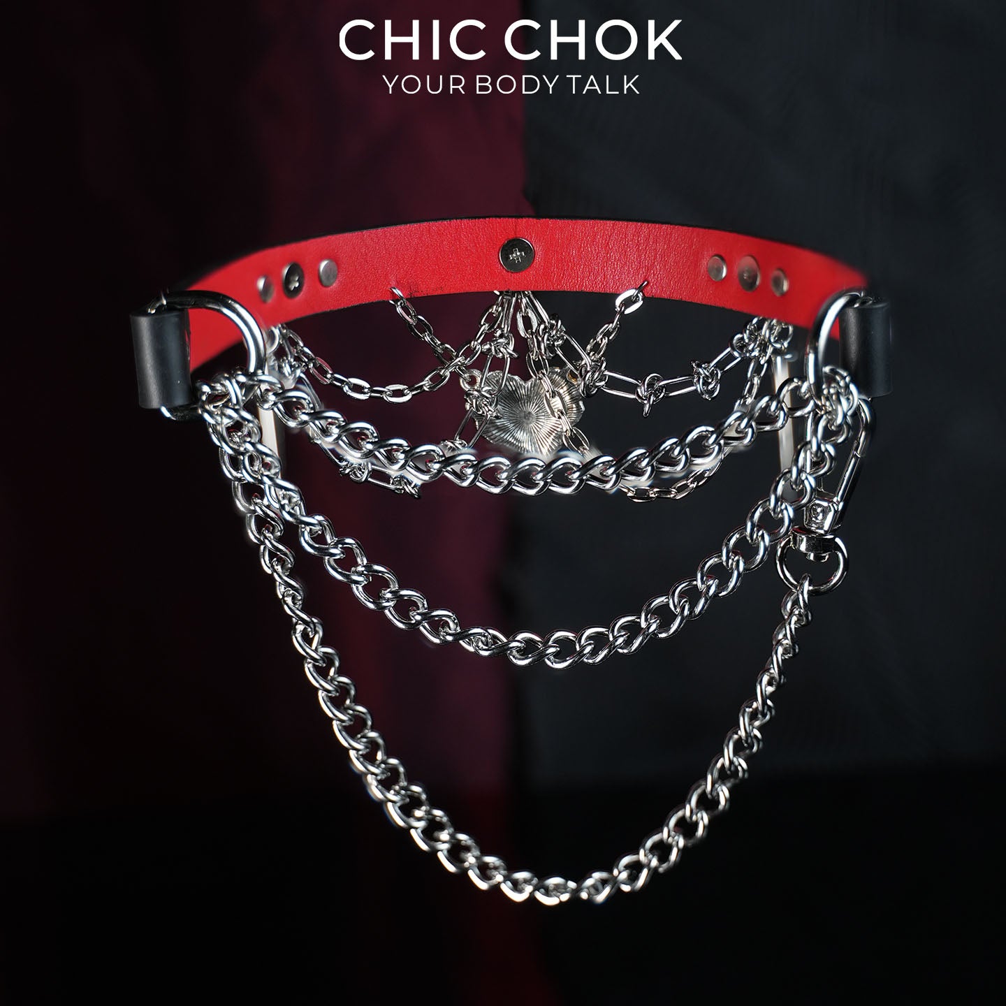 CHICCHOK Bloodbound Stigmata Leather Choker | Gothic Translucent Red Heart Collar | Heavy Punk Cyber Techwear Fringe Jewelry
