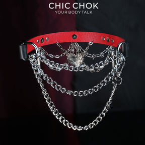 CHICCHOK Bloodbound Stigmata Leather Choker | Gothic Translucent Red Heart Collar | Heavy Punk Cyber Techwear Fringe Jewelry