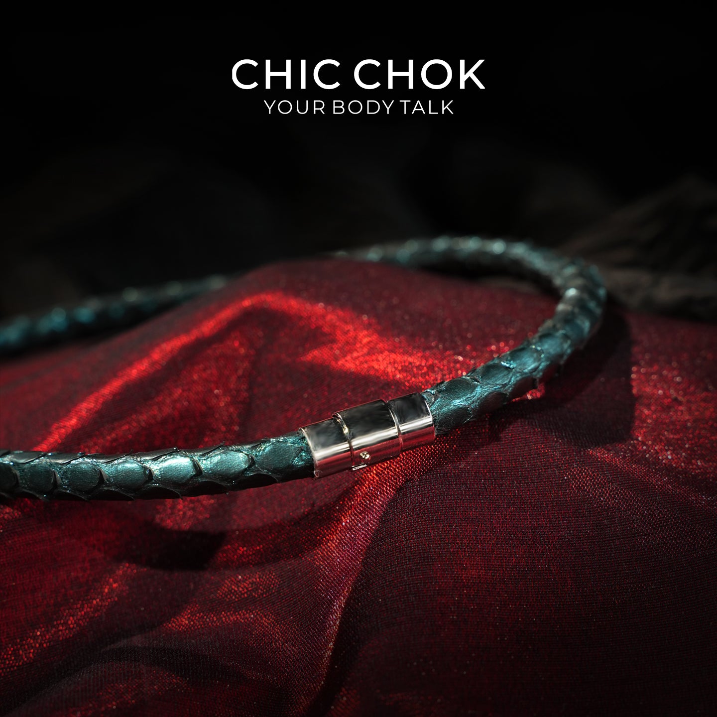 CHIC CHOK The Orchid’s Gaze Teal Snake-Texture Collar with Silent Bell Pendant