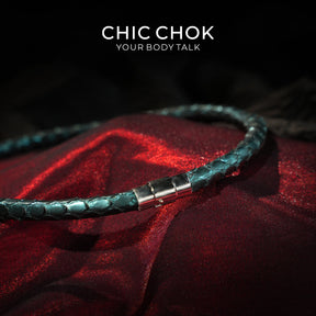 CHIC CHOK The Orchid’s Gaze Teal Snake-Texture Collar with Silent Bell Pendant