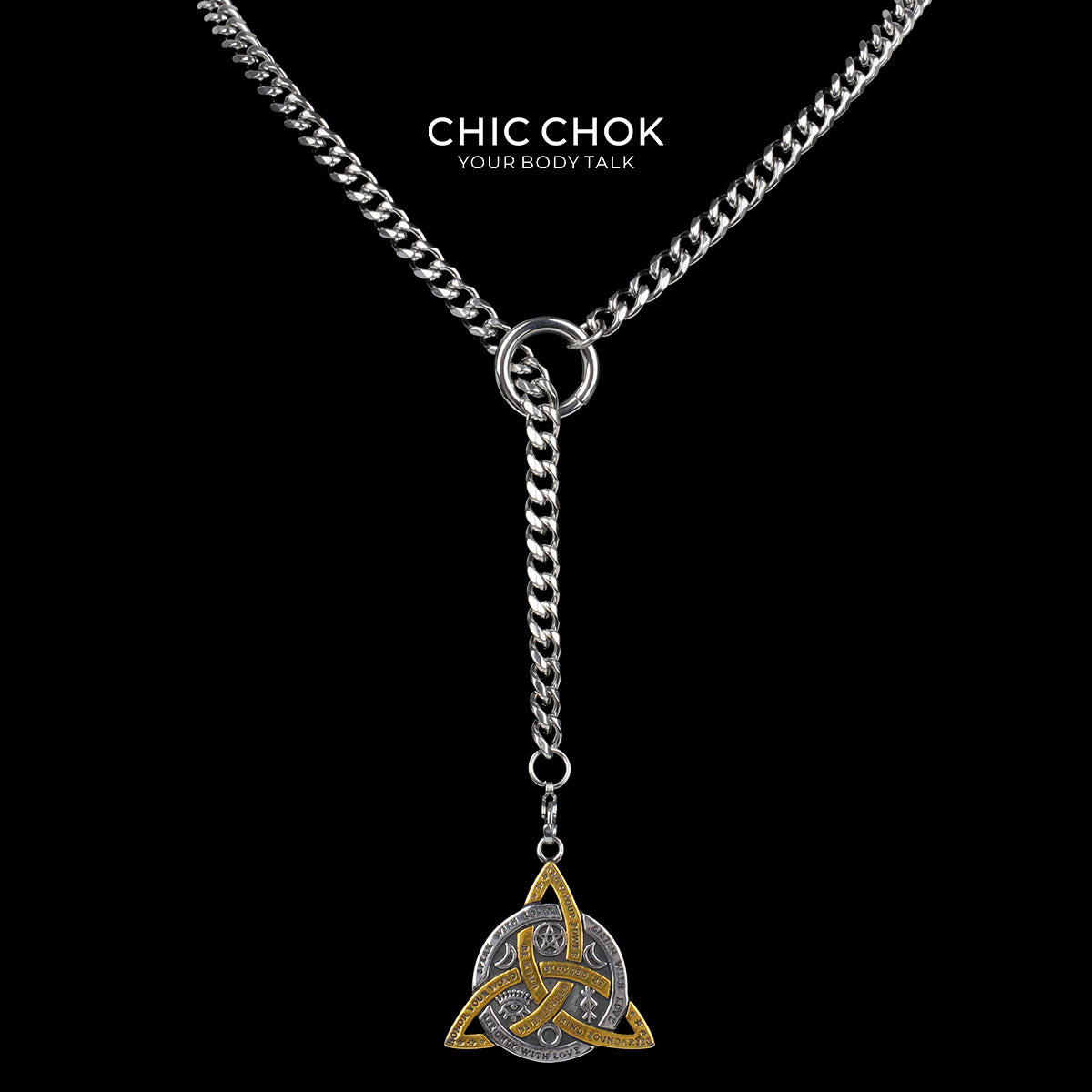 CHICCHOK "Lunar Shackle" Celtic Triquetra Pendant Stainless Steel Y-Necklace | Wiccan Rune & Pentagram Drop Chain | Dark Occult Gothic Streetwear Jewelry