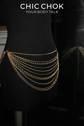 CHICCHOK Golden Wave Mesh Body Chain | 3-Way Multi-Wear Silver Cuban Link Harness | Gothic Luxury Beachwear Festival Waist Back Jewelry