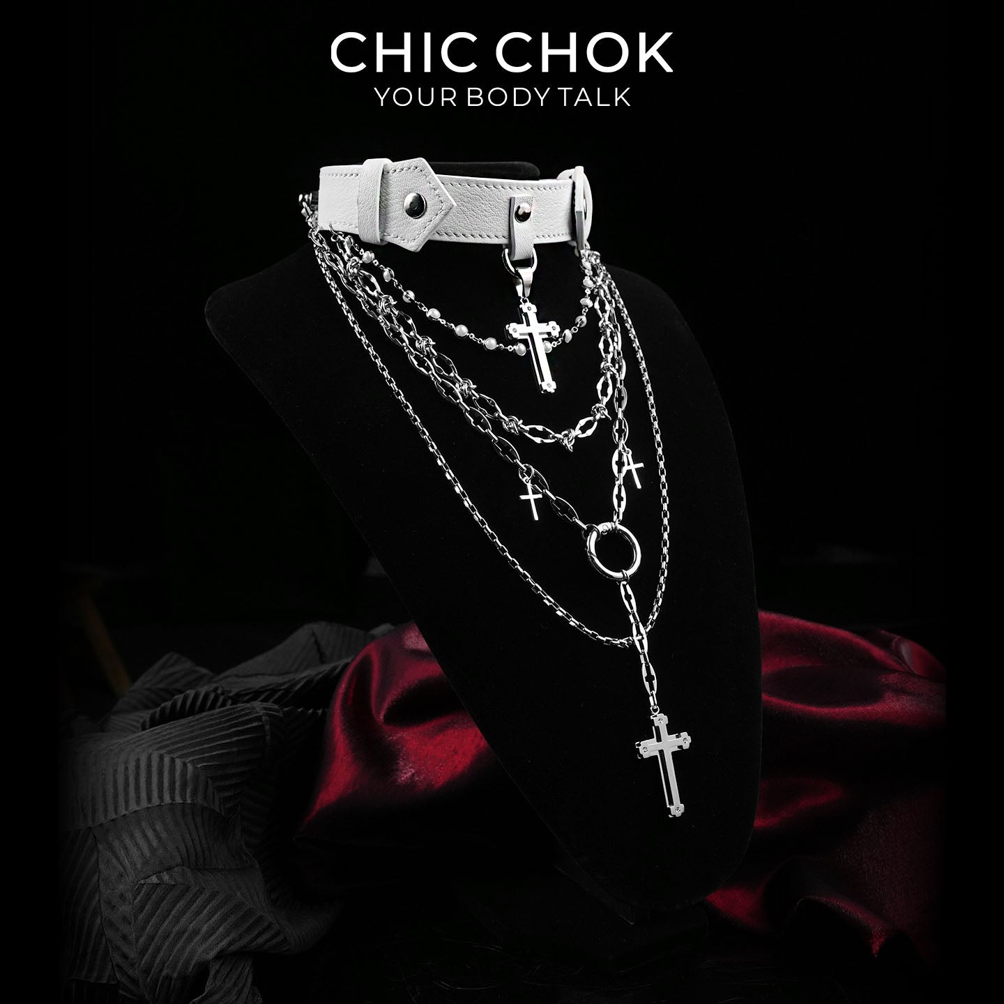 CHICCHOK Original "Martyr's Shadow" Choker - Layered Cross Monastery Style Necklace - Premium White Leather & Stainless Steel Nun Aesthetic Jewelry