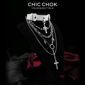 CHICCHOK Original "Martyr's Shadow" Choker - Layered Cross Monastery Style Necklace - Premium White Leather & Stainless Steel Nun Aesthetic Jewelry