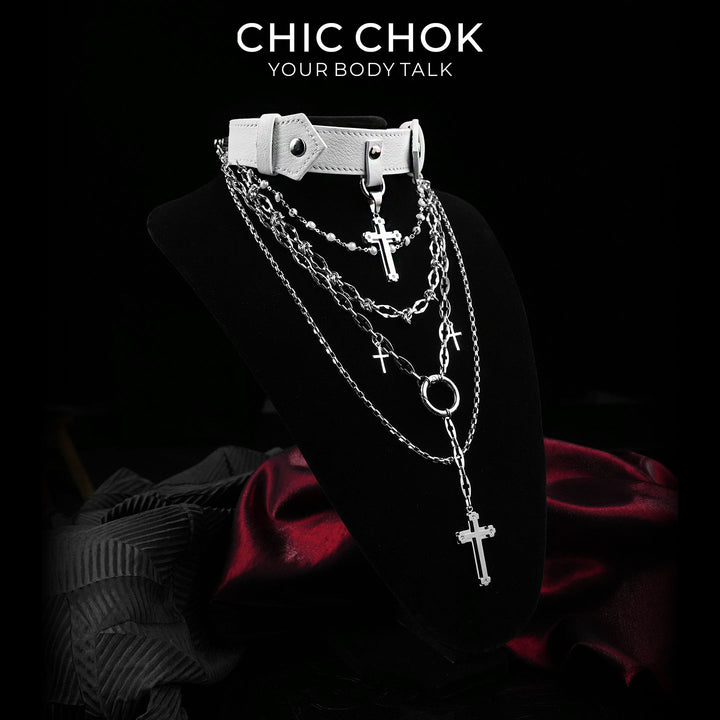 CHICCHOK Original "Martyr's Shadow" Choker - Layered Cross Monastery Style Necklace - Premium White Leather & Stainless Steel Nun Aesthetic Jewelry