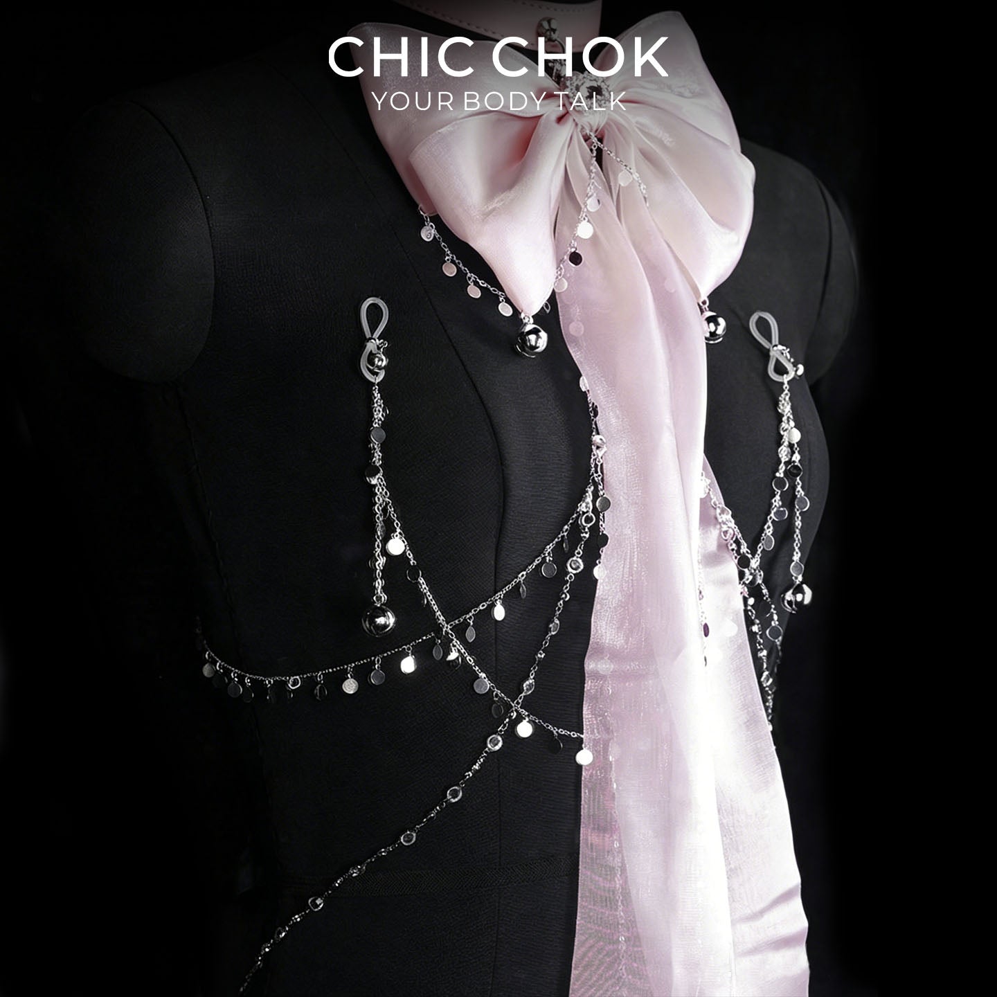 CHICCHOK Starfall Covenant Pastel Pink Body Chain | Shimmering Bowknot Chest Harness | Gothic Lolita Subversive Kawaii Jewelry
