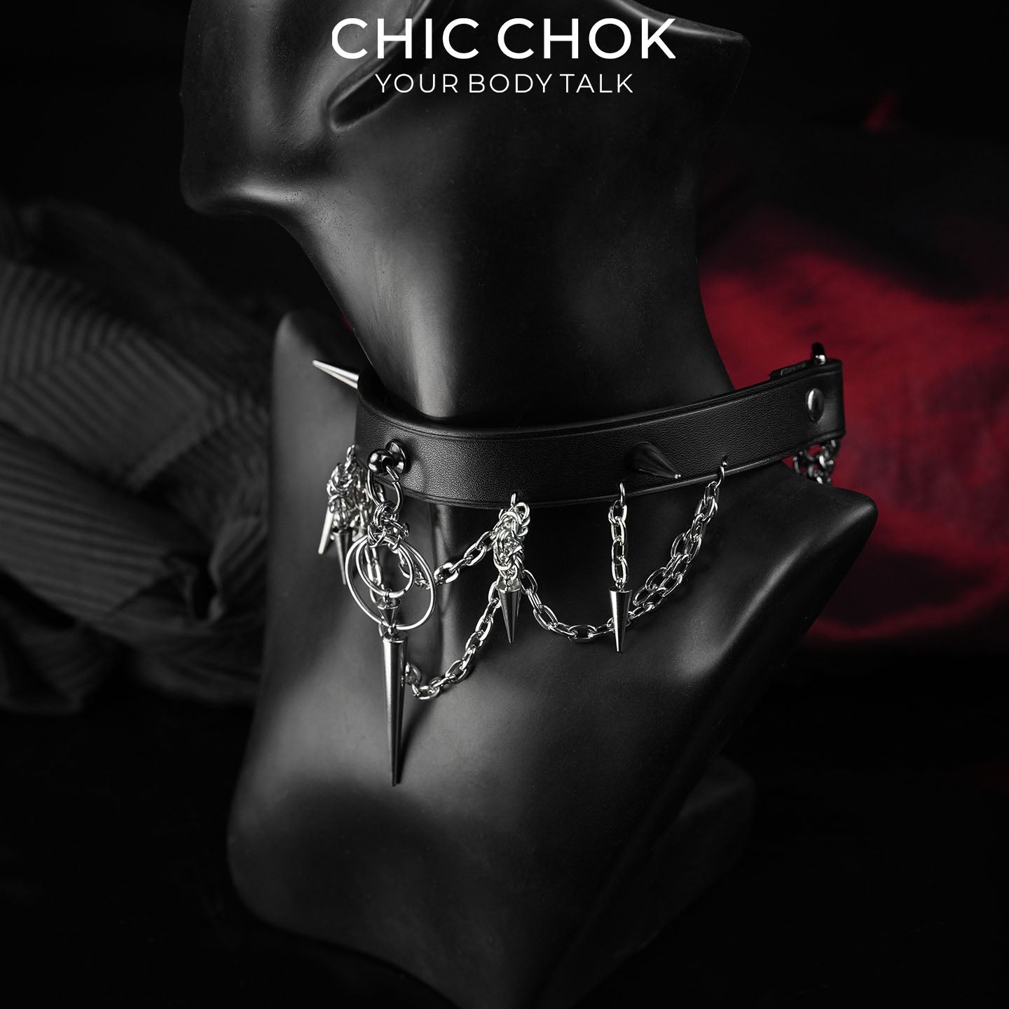 CHICCHOK Original "Thorns of Eclipse" Choker - Premium Full-Grain Leather & Stainless Steel Spiked Collar - Interactive Pull Chain Darkwear Jewelry
