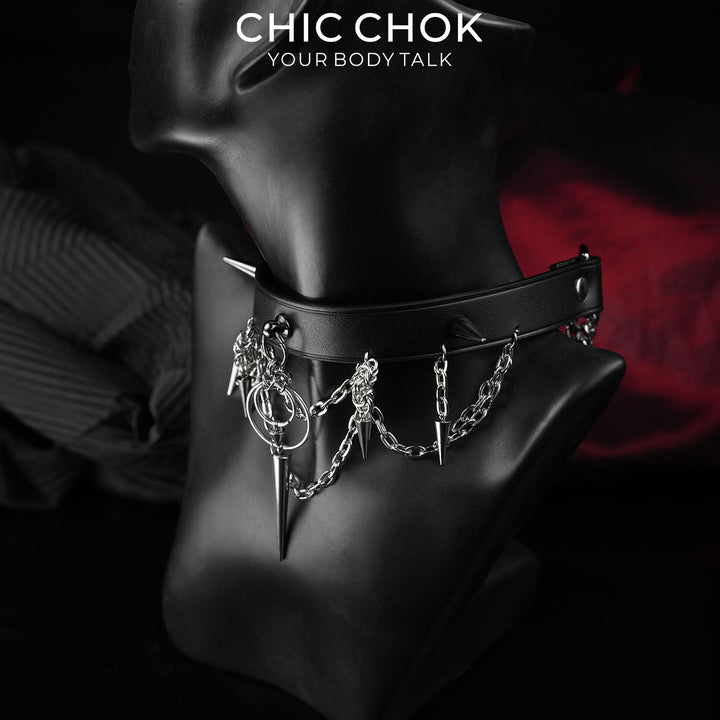 CHICCHOK Original "Thorns of Eclipse" Choker - Premium Full-Grain Leather & Stainless Steel Spiked Collar - Interactive Pull Chain Darkwear Jewelry