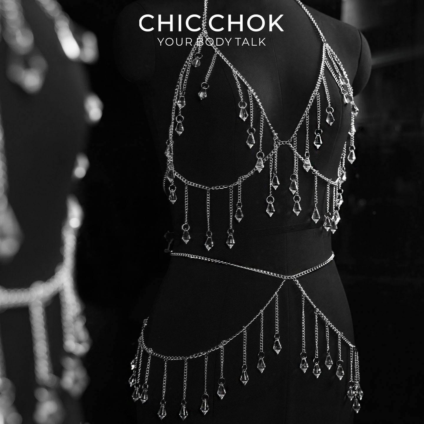 CHICCHOK Tears of the Siren | Ensemble chaîne de corps en cristal argenté | Harnais superposé & bijou de taille